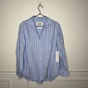 Grayson Cotton Blue Striped Button Down Shirt Womens Medium NEW